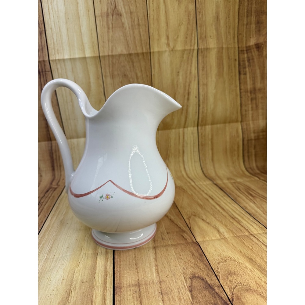 Bloomingdales Italy Vintage Ceramic Pitcher White Pink Floral Scalloped 10 inch